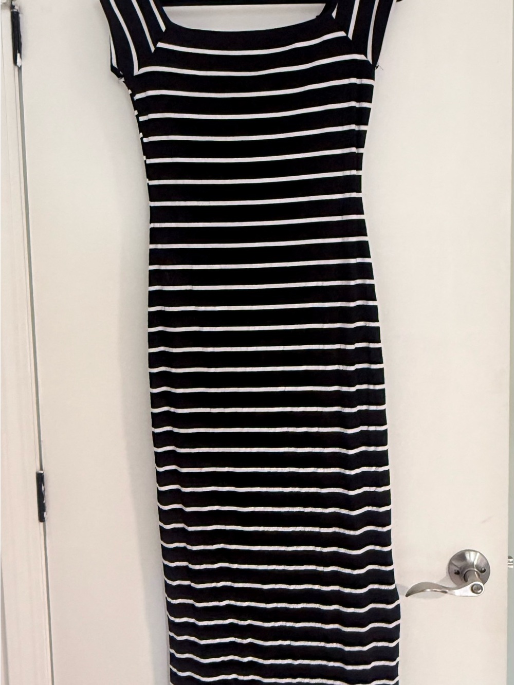 See You Monday Black and White Striped Midi Dress